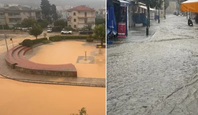 İzmir’de pazar yeri göle döndü, masa ve sandalyeler akıntıda sürüklendi