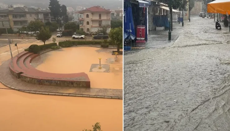 İzmir’de pazar yeri göle döndü, masa ve sandalyeler akıntıda sürüklendi